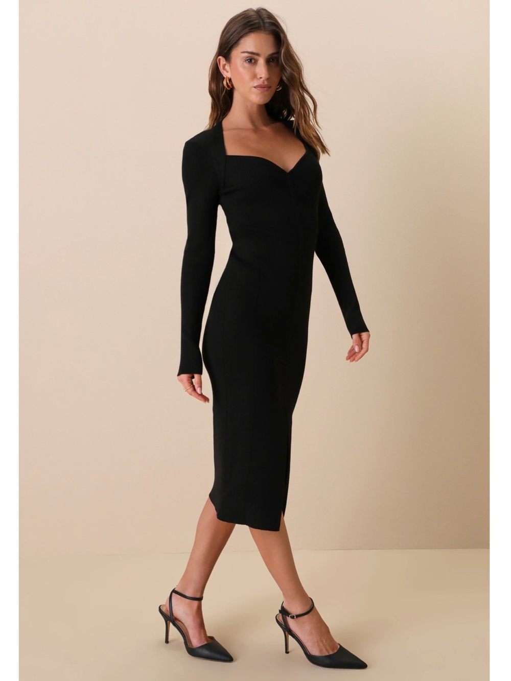 Lulus Adoring Me Black Ribbed Long Sleeve Midi Sweater Bodycon Dress Event XL